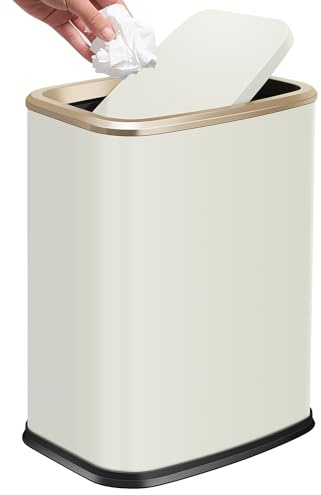 15L Bathroom Bin with Swing Lid,Stainless Steel Trash Bin,Cream White | Removable Inner Bucket,Waste Bin for Bedroom,living room,Kitchen,Office