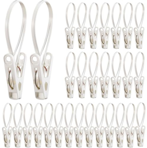 FrostyFlair Klädklämmor med rep, 30 st mini klädnypor och hängande klämmor, plastkrokar för babykläder, strumpor, handdukar och kläder, organisatör för garderob och badrum (vit)