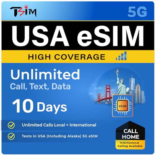 TSIM USA eSIM 10 Tage mit Anrufen nach Hause | Hohe Netzabdeckung | Unbegrenzte Daten im AT&T-Netz | Unbegrenzte lokale + Internationale Anrufe/SMS in den USA (inkl. Alaska) | am selben Tag erhalten