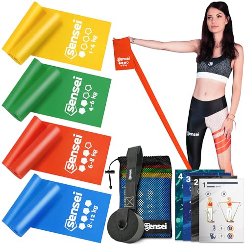 SENSEI® Bandas Elásticas Fitness & Cintas de Resistencia (200 cm) – Bandas de Gimnasia Extra Largas de 100% Látex Natural – Ideal para Fisioterapia, Pilates, Yoga y Musculación – Incluye E-Book