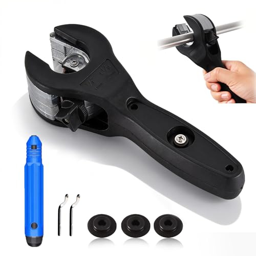 Ratcheting Tubing Cutter, Ratcheting Pipe Cutter Copper, Tubing Cutter 1/4 to 1-1/8 with 3 Blades and Deburring Tool, Close Quarters Pipe Cutter for Copper Brass Aluminum corrugated Pipes Pvc, Ppr