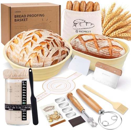 REMEIT 16-Teiliges Sauerteig Starter Set, 23cm Rund & 25cm Oval Klappbare Silikon gärkörb, Gärkörbchen Set mit Sauerteig Glas, Dänischer Schneebesen, Teigschaber, Bäckermesser und Schlinge