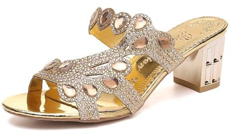 Sandales romaines d'été 2026 pour femme avec lanières en strass - Talon moyen - Chaussures à enfiler - Chaussures de plage confortables pour les loisirs, les fêtes en plein air, les mariages, or, 41