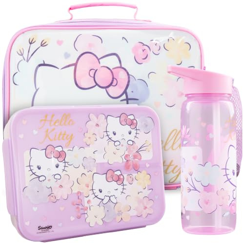 Get Trend Hello Kitty Bolsa de Almuerzo Isotérmica Niñas Set 3 Piezas, Bolsa Isotermica 5 L, Botella Infantil 640 ml y Bento Box 2 L con Compartimentos, Sin BPA, Escuela y Guardería (Rosa Hello Kitty)