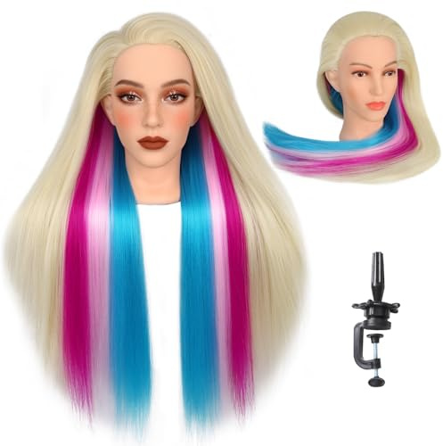 WIGNEE Cosmetology skyltdockhuvud med realistiskt ansikte - syntetiskt hår med låg förlust för stylingträning, träningshuvud lämpligt för smink 28 tum (färgglad)