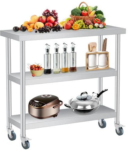 RBFGYIOP Tavolino Laterale Esterno Acciaio Inossidabile 3 Ripiani – Banco Lavoro Patio Commerciale Resistente Alla Ruggine, Facile Pulire Giardino, Cucina, Ristorante, Garage – Con Ruote, Dimensioni