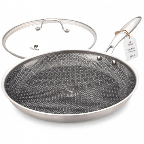 EVADOMA Edelstahlpfanne 28 cm mit Glasdeckel | Beschichtete Bratpfanne | Wabenpfanne für alle Herdarten inkl. Induktion | Antihaft Pfanne PFOA-frei | Backofengeeignet