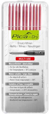 Pica 4031 I 10tlg. Ersatzminen-Set für Pica Dry 3030 I Multi-Use für fast alle Oberflächen I wasserlöslich, von glatten Flächen feucht abwischbar I Etui mit 10 Minen in rot