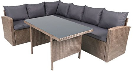greemotion Rattan-Lounge Hamburg - Gartenmöbel-Set 3-teilig aus Polyrattan in Braun mit Auflagen in Grau - Design-Loungeset mit 2 x Rattansofa & Glastisch für Outdoor & Indoor