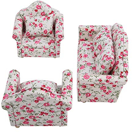 Puppenhaus Sofa, Blumenmuster mit Rückenkissen, Mini Möbel 1/12 Skala for Puppenhaus Sammler als Wohnaccessoire und Geschenkidee (#2)