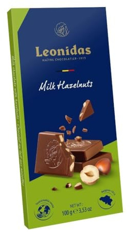 Fresh Belgian Chocolate Bars, Leonidas 6 x 100g Packs (Milk - Hazelnuts 100g Pack of 6)