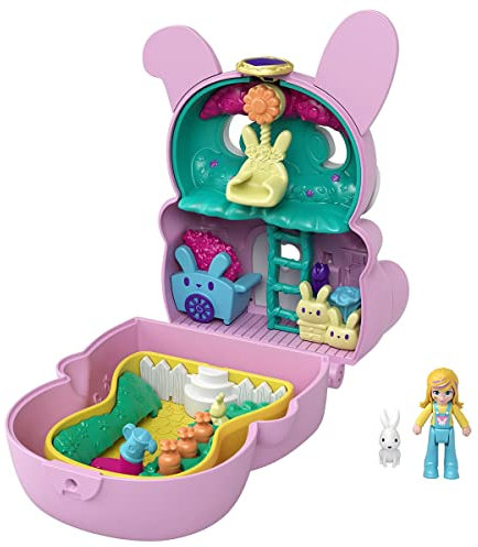 Polly Pocket GTM60 - Drehspaß-Schatulle Hase, zwei Spieloberflächen durch Umklappfunktion, Hasenfigur, Spielzeug ab 4 Jahren