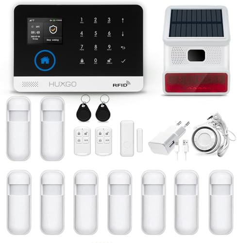 HUXGO, HXA003, système d'alarme sans Fil avec 9X détecteurs de Mouvement et deuxième sirène sans Fil, modules : WiFi + GSM 4G, TUYA Smart, alertes SMS, contrôle par téléphone, FRANÇAIS