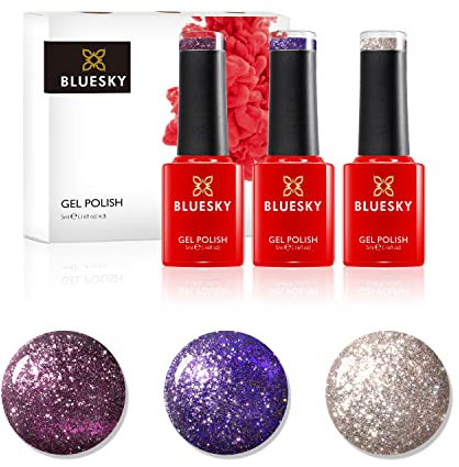 Bluesky Gel Nail Polish, Dazzling Platinum Gel Trio Set 2 - Purple, Gold, Glitter 5ml (Requires curing under UV or LED Lamp)