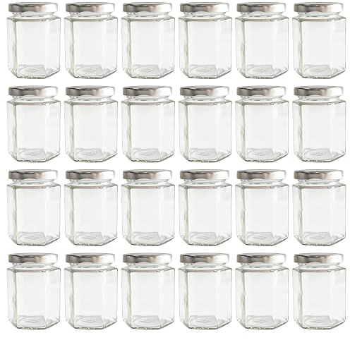 GPK4ALL 190ml 6oz Hexagon Glass Jars, Pack of 24 Sets With Silver Lids for Jam, Honey, Jelly, Candy, Candle, Wedding Favors, Baby Shower, Spice, Crafts, Party Favors, Samples