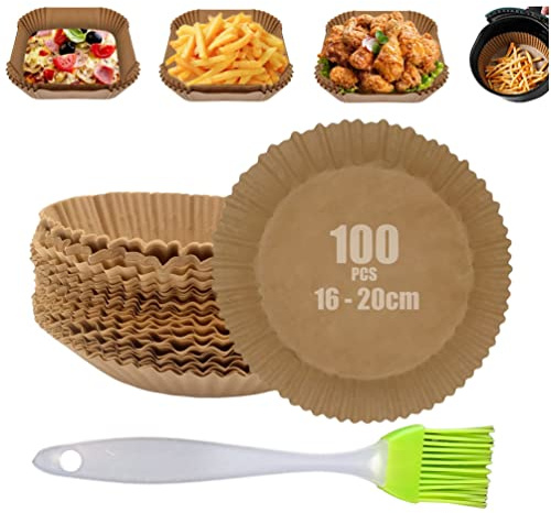Papel Para Freidora De Aire 100Pcs + Pincel de Silicona. Accesorios Freidora Sin Aceite, Air Fryer, Horno Microondas, Papel Horno, Antiadherente, Desechable y Resistente a Altas Temperaturas.