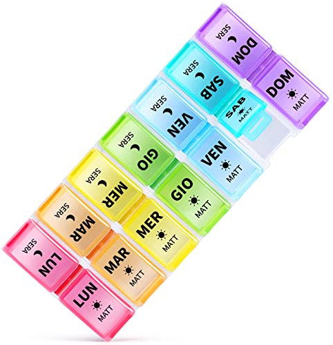 Opret Portapillole Settimanale ITALIANO Piccolo, Portapillole Giornaliero Staccabile per 7 Giorni, Pillole Organizzatore 14 Scomparti Grande Stampa per Gli Anziani Viaggio Uso domestico