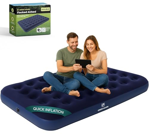 Green Haven Double Blow Up Airbed – Inflatable Waterproof Mattress for 2 – Comfortable Flocked Air Bed for Camping, Festivals & Guests – Lightweight & Easy to Store