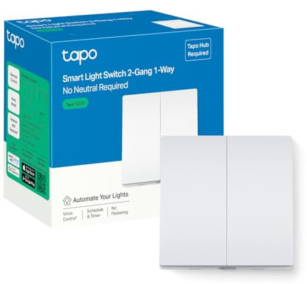 Tapo S220 Smart Light Switch 2 Gang 1 Way, Remote Control Smart Switch, Voice Control, Away Mode, No Neutral Needed, Battery included, Alexa Light Switch, Work with Alexa & Google, Tapo Hub Required