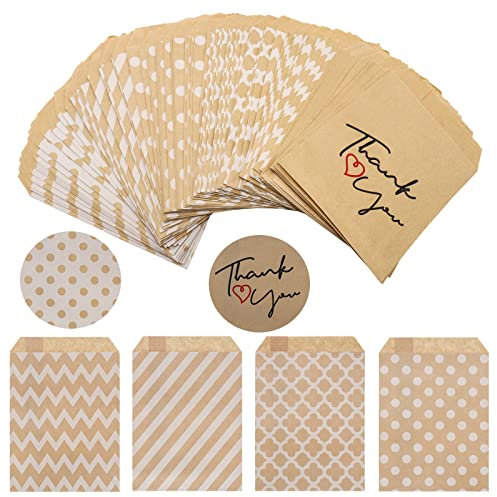 120 Stück Candy Bar Tüten Süßigkeiten Papiertüten - Candybar Tüten Kraftpapier Flach Geschenktüten Mit 12 Blätter Aufkleber für Kindergeburtstag Hochzeit Weihnachten