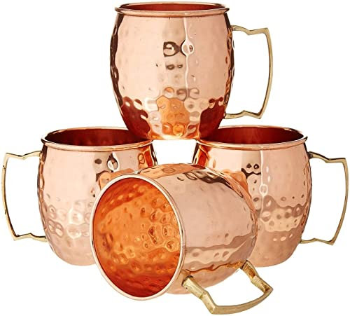 PR International Copper Moscow Mule Mugs Set of 4 Steel Copper Hammered Look Moscow Mule Mug 18oz Perfect for Any Chilled Beverage