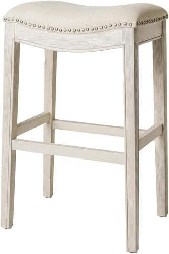 Maven Lane Adrien 79 cm Counter Height Upholstered Backless Saddle Barstool in White Oak Finish with Natural Color Fabric Cushion Seat, Hand-applied nail heads