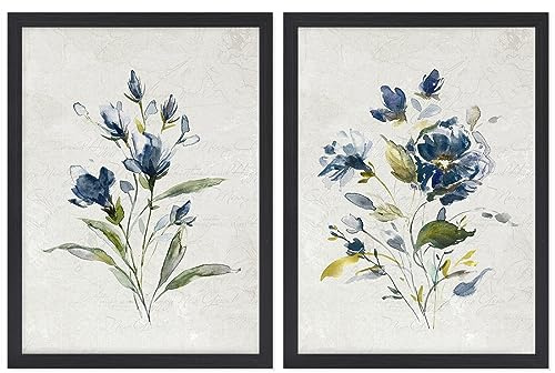 JOWOROLO Botanical Prints Wildflower Prints Blue Floral Wall Art - Set of 2-12x16 -Framed