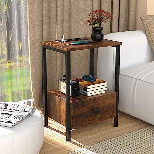Chleby Nachttisch mit Ladefunktion Schlafzimmer-Nachttisch Braun Couchtisch Beistelltisch mit 1 Schubladen Organizer für das Schlafzimmer-Sitzzimmer