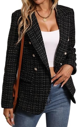 Mina Self 2024 Herbst-Tweed-Blazer-Jacke für Damen, modisch, lässig, offene Vorderseite, Business, elegant, Arbeitsanzug, obere Tasche, 1-Schwarz, L/XL