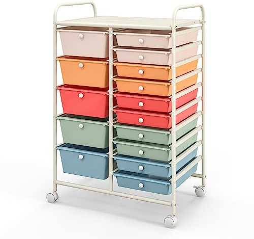 COSTWAY 15 Drawers Storage Trolley, Home Office Stationary Rolling Cart with 4 Wheels, Multipurpose Mobile Organiser Shelving Unit for Makeup Beauty (63 x 37 x 87cm, Colorful)
