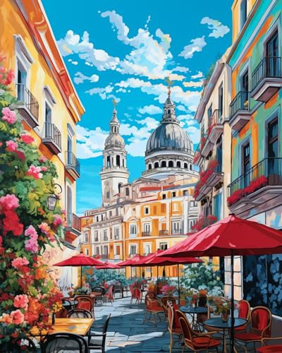 Malen nach Zahlen, Motiv: Spanische Stadt, Landschaft, DIY-Malerei auf Leinwand mit Pinseln, Acrylfarben, perfekt zum Malen nach Zahlen, für Erwachsene und Kinder, Studenten, Anfänger, DIY-Set, 40,6 x