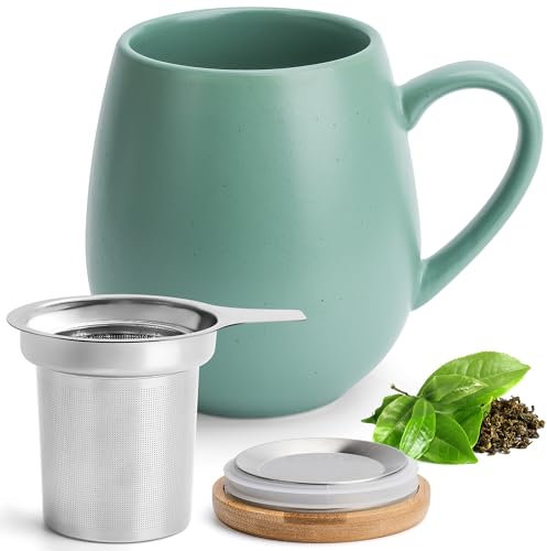 Happy Lemuro Large Modern Polka Dot Matte Ceramic Bamboo Stainless Steel Teacup with Strainer and Lid - 550 ml - 18.67 oz - Reusable - Leak Proof and Heat Retentive - Christmas Theme