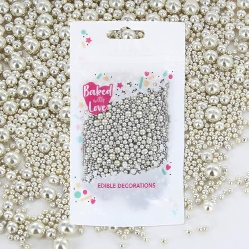 Baked with Love 75g Silver Pearl Sprinkles | Edible Sugar Pearls, Resealable Bottle, Decorates 2 Cakes Or 24 Cupcakes, Assorted Sizes For Impact