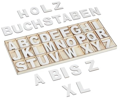 Relaxdays Holzbuchstaben & Holzzahlen, 144-tlg. Set, Großbuchstaben A-Z, Zahlen 0-9, 5 cm, Holzdeko zum Basteln, weiß