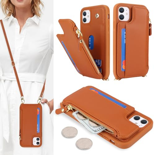 SailorTech Handyhülle für iPhone 11 Etui mit Kartenfach, iPhone 11 Hülle mit Verstellbarer Halskette, iPhone 11 Handytasche mit Reißverschluss Geldbörse - Braun