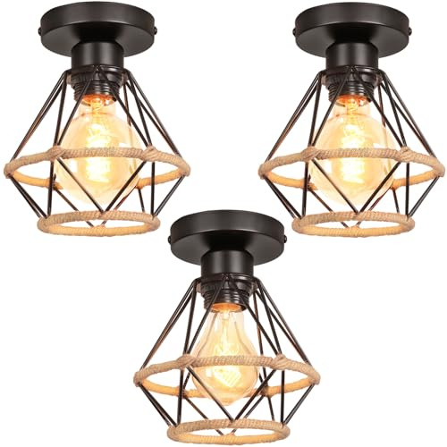 3 pezzi Lampada da Soffitto E27 Industriale Plafoniera Vintage Lampadario a Sospensione Nero Retro Corda di Canapa Illuminazione 16CM interna per Cucina Salotto (Plafoniere - 3 pezzi)
