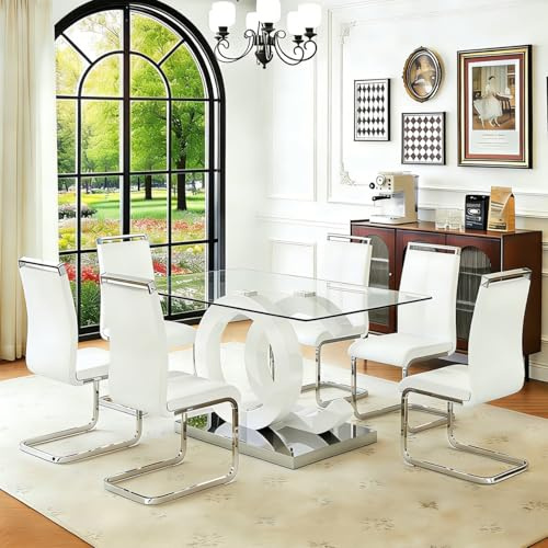 Ebullient Glass Dining Table Set for 6, Modern Rectangular Tempered Glass Kitchen Table with White OC-Shape Pedestal Base and 6 PU Leather High Back Cantilever Chairs for Dining Room