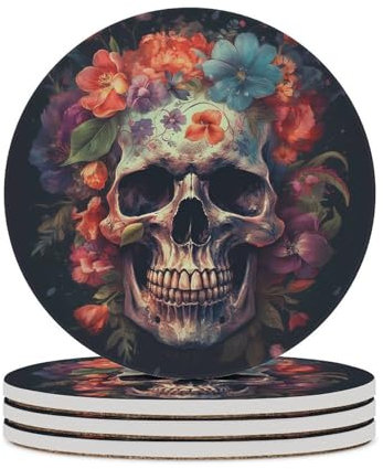 Keramikuntersetzer mit Blumen auf dem Totenkopf-Druck, Set mit 4 hitzebeständigen, runden Tassenuntersetzern mit Korkboden für Küche, Zuhause, Küche, Party, Geschenk
