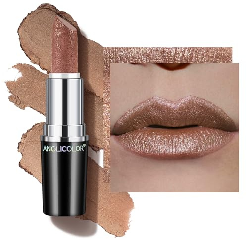 Anglicolor Glitzer Lippenstift Braun Metallic Glänzend Glossy, Shimmer Lipstick Seidig Velvet Langanhaltend Feuchtigkeitsspendende, Vegan Lipgloss Damen Mädchen Make-up (09 GUILTY PLEASURE,4g)