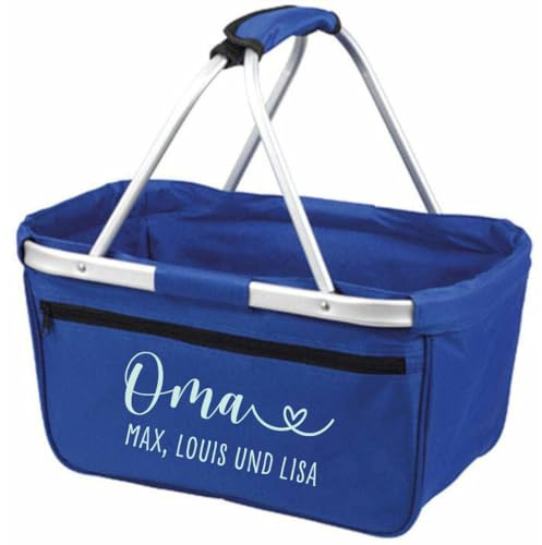 AWASG Einkaufskorb Oma mit Herz- Personalisiert mit Name - Einkaufstasche faltbar Tragekorb mit Aufdruck - 45 x 25 x 25 cm (royalblau)