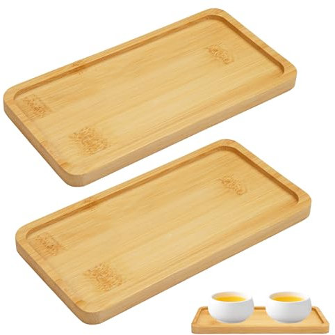 EXIN DEHCEN 2 Piezas Rectangular Mini Bandeja de Bambú Madera Té Pequeña, Suculentas Plato de Madera, Bandeja Madera Bambu Pequeña para Pan, Postre, Galletas, Té, Café y Pasteles (17.5 cm x 9 cm)