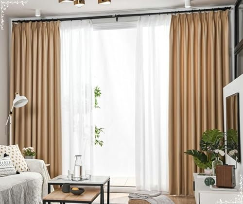 Bishilin Verdunkelungsvorhänge mit Haken 107x132CM, Vorhänge Blickdicht 2 Set Hellbraun Einfarbig Modern Baumwolle Leinen Gardinen Wohnzimmer Jugendzimmer Schlafzimmer
