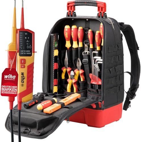 Wiha Elektriker Werkzeugrucksack 27-tlg. mit Spanungs- und Durchgangsprüfer | (45528) Elektriker Grundausstattung I stabiler Standboden I mit Laptopfach I Taschen für Zubehör I Elektroinstallation