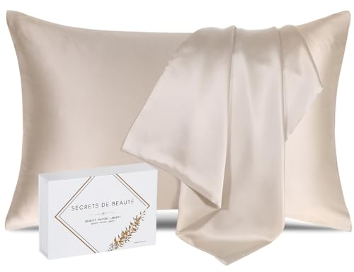 Taie d’Oreiller en Soie de mûrier, 25 mommes, Champagne, 40 x 70 cm | 100 % soie de mûrier Grade 6A, 25 mommes : douce et lisse pour limiter les frottements sur la peau et les cheveux.