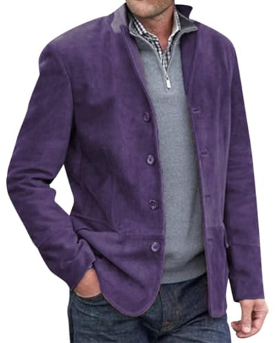 Onsoyours Blazer Décontracté à Col Montant pour Homme avec Poche à Revers et Manches Longues en Daim Vintage Décontracté Slim Bouton Costume d'affaires Blazer Veste B Violet L