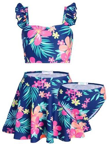 Arshiner Flicka bikiniset 3 st barn blommor sjöjungfru baddräkt volanger tankini med kjol badmode baddräkt 5–12 år, Färg 3, 5-6 år