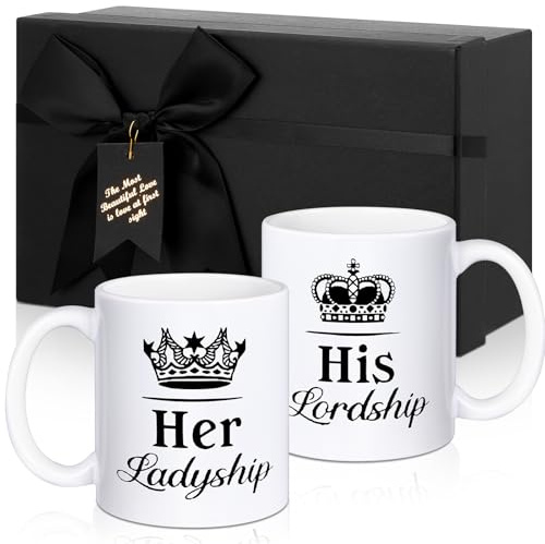 Geiserailie 2 Pcs His Lordship and Her Ladyship Mugs Crown Ceramic Cups Funny Christmas Wedding Gifts in Black Boxes for Couples Engagement Anniversary Bridal Shower, 380 ml