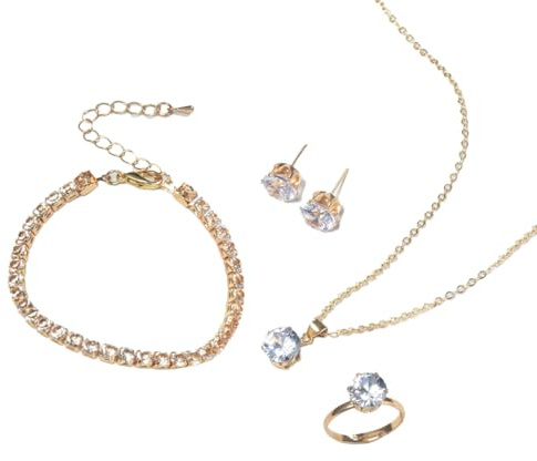 Auriselle Damen Schmuck Set Strassstein Ohrringe Halskette Armband Ring Klassisch 4 Stück Frauen Schmuck mit Cubic Zirkonia Hochzeit Geschenke für Ladies, Gold