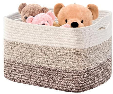 Boensi Wäschekorb aus Baumwollseil-54×43×30 cm geflochten Aufbewahrungskorb mit Griff für Spielzeug, Kuscheltiere,Wäsche- und Decken-Organizer,Großer Korb (Weiß Braun)