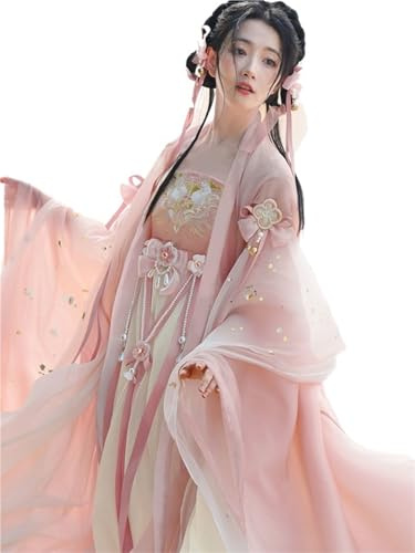 AIHERQG Robe Hanfu for femme, costume traditionnel chinois de cosplay, robe d'été Hanfu antique de la dynastie Tang, rose, 8 pièces, robe de danse sur scène(L)